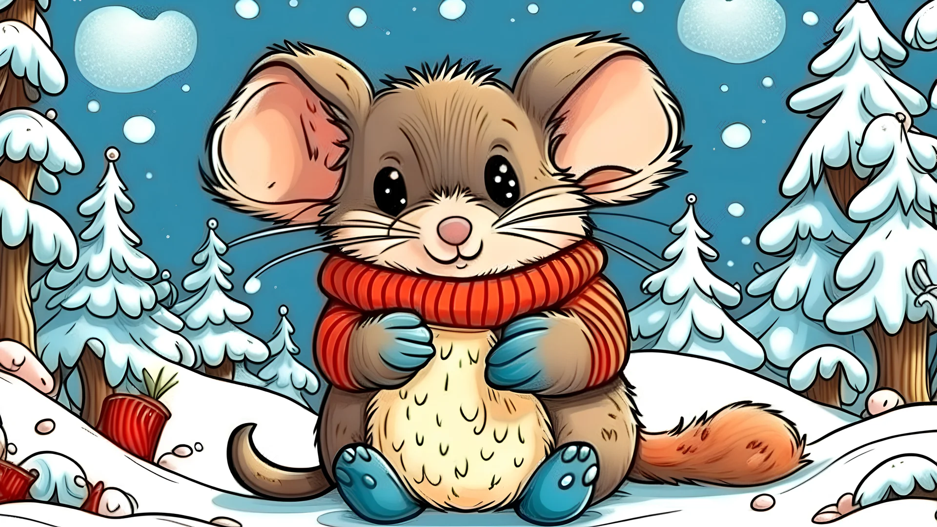 fantasy cartoon style illustration: A tiny mouse is sitting in a handglove on snow