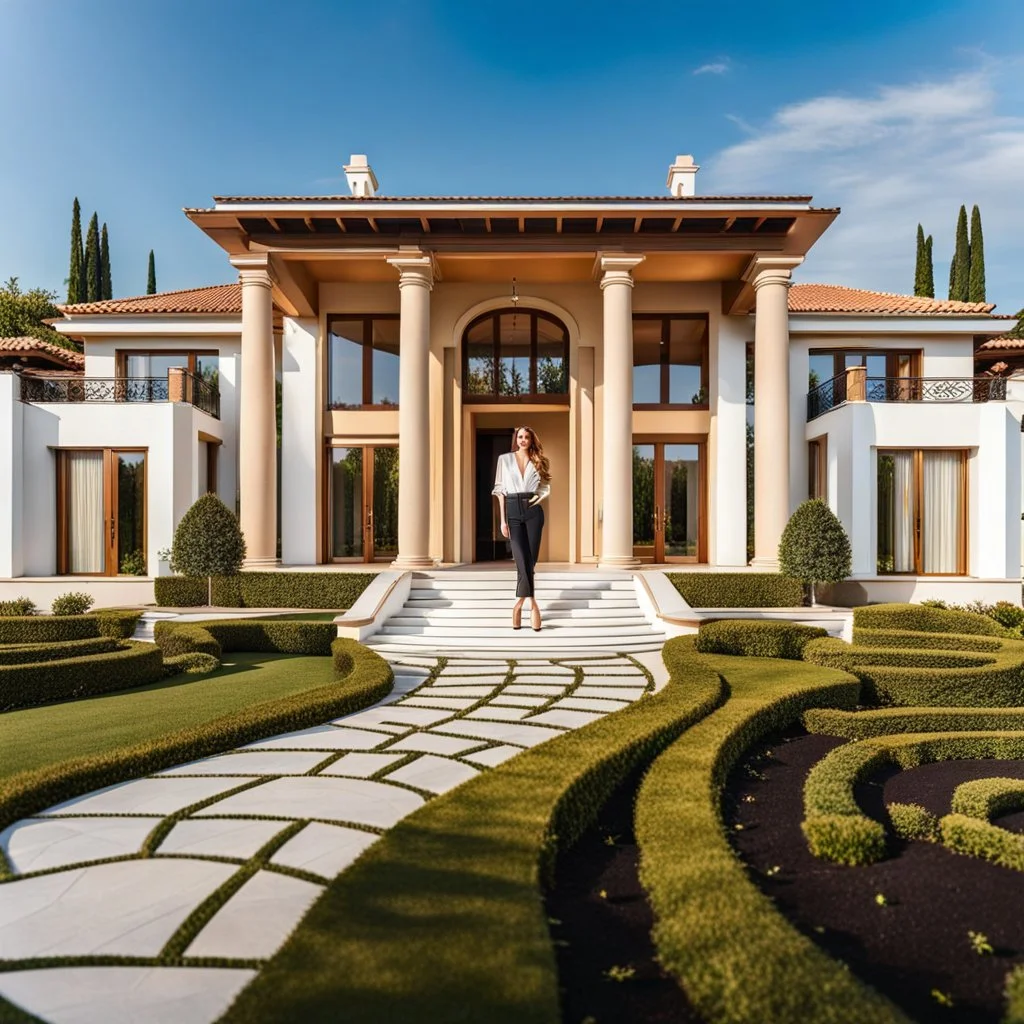 full body closeup shot of young lady in pants an blouse standing in garden of luxury villa posing to camera