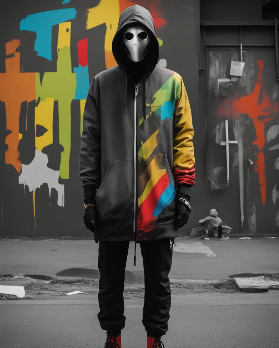 Colorido, Banksy style. Whole body. Masterpiece of a hooded killer Cyborg, his eyes are intense, (((full body))), contrasting colors. Fondo ciudad