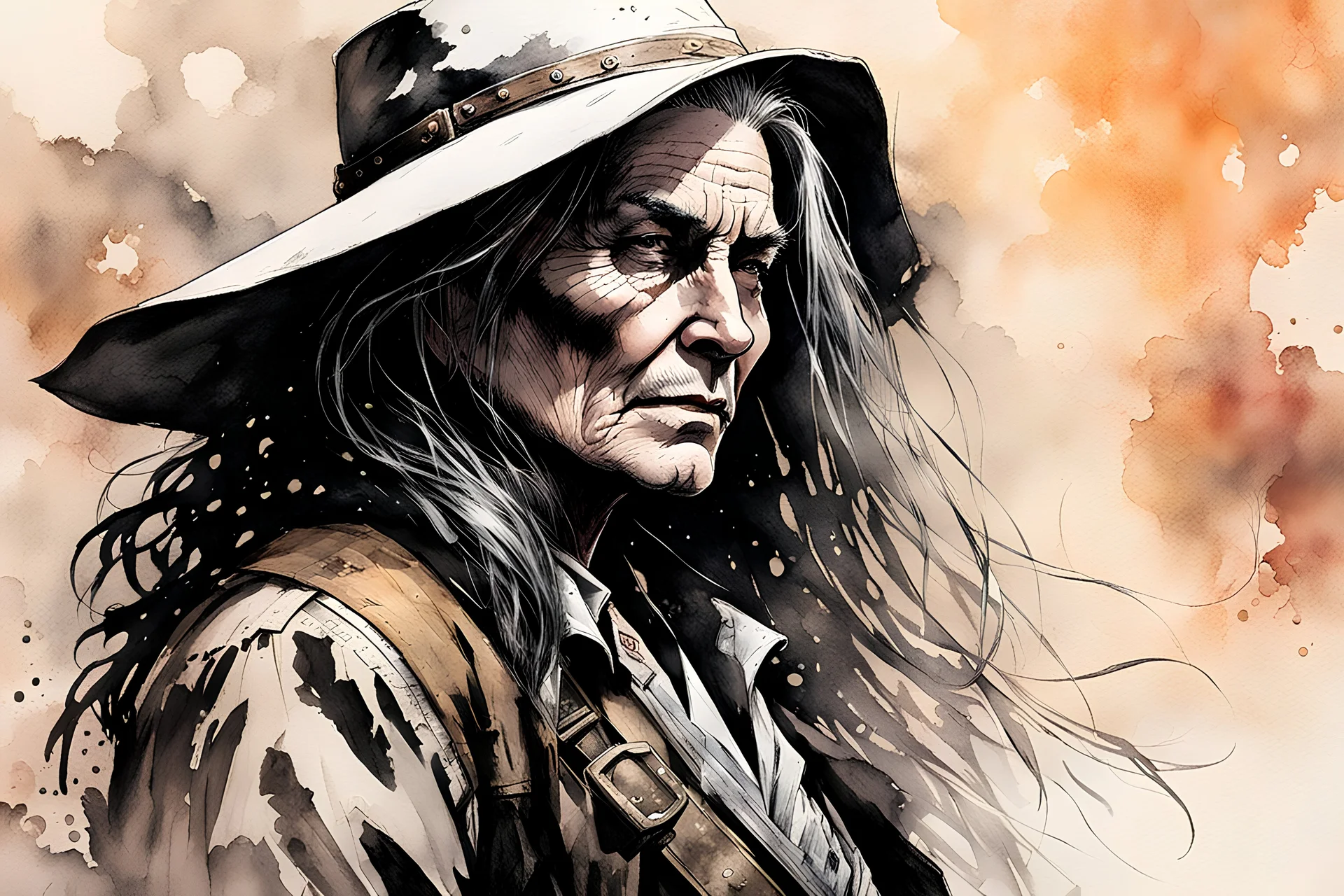 create an ink wash and watercolor, close up, full body portrait of an aged female, late 19th century Louisiana bounty hunter, Hunt: Showdown, La Luz Mala, in the comic book style of Warren Ellis ,Bill Sienkiewicz, and Jean-Giraud Moebius highly detailed hair and coarse, lined, rugged, weather worn feminine facial features, ragged, worn clothing, grainy, gritty textures, foreboding, dramatic volumetric lighting , vivid natural colors