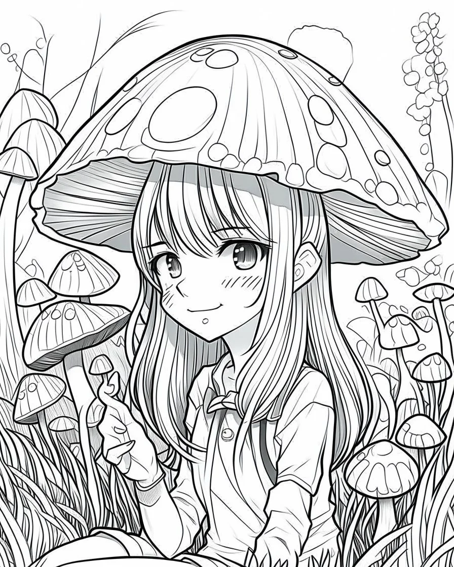 black and white digital art, kawaii anime style mushroom – human adult, mining action pose outdoors, realistic, outlined art, line art, adult coloring book no border