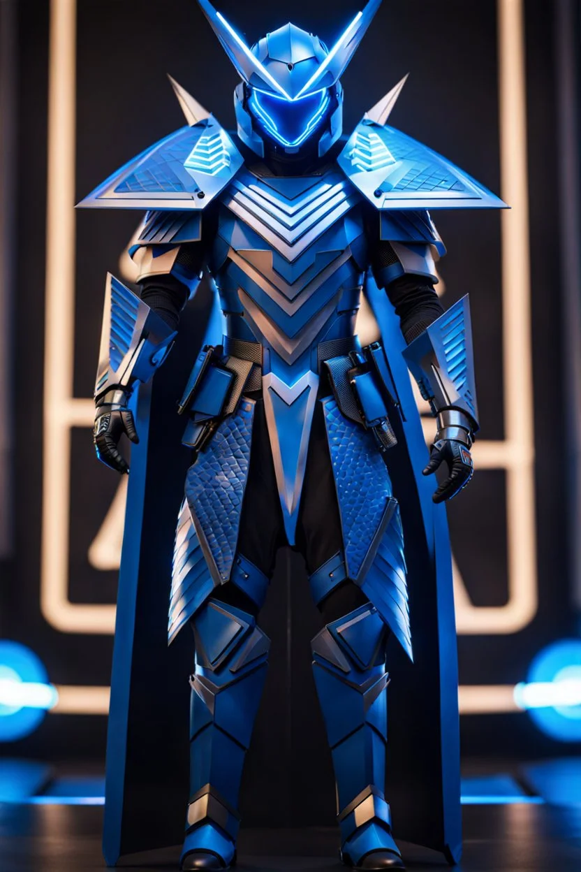 neon blue, floating parts of armor in form of triangles, cyber armor, geometric patterns on armor, male, orbiting triangle