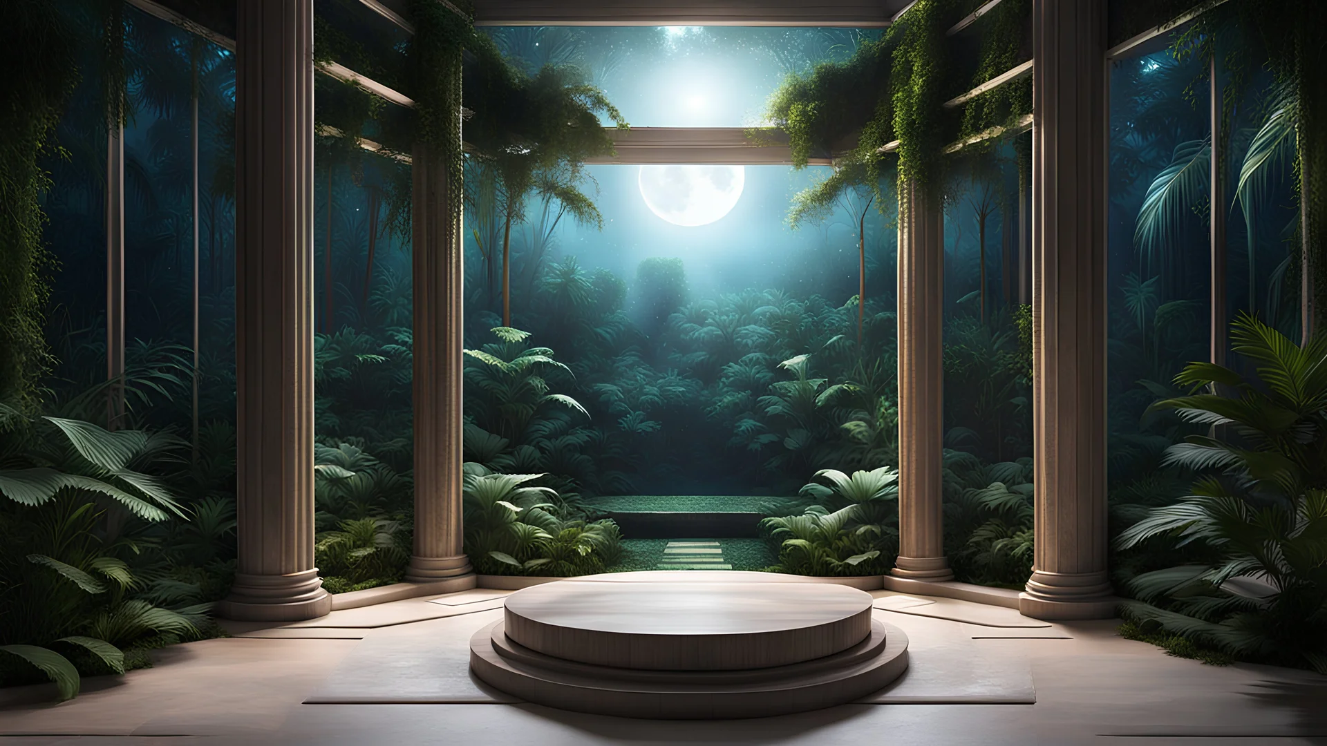 night landscape , meditation podium minimalistic corner. design wood, View from large bay windows throughout from the large bay windows extends through the jungle forest. night landscape. My With dreams. . the palace antic colonnades direct view in the midst in the jungle , galaxy, space, ethereal space, panorama. With the songs of dawn and the sadness of sleep Every leaf - that trembles in the embrace of the black My With