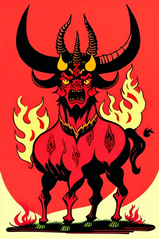 Vintage illustration of a demonic and magical brutal and angry bull made of red flames and fire, savage and obstreperous nature, Tsuguyuki Kubo art, Topcraft, vintage storybook illustration style, ornamental, fantasy folk art, psychedelic theme, inspires by 70s Japanese anime, early Studio Ghibli, fantasy animation cartoon, last unicorn