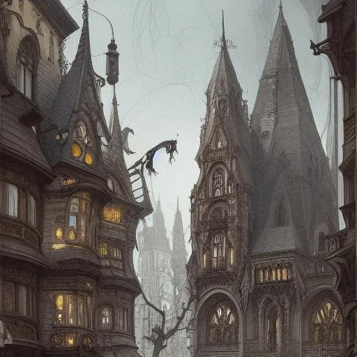 Square+gothic architecture +detailed facades+human scalades+beautiful, liveable urban square lined with with richly detailed houses and shops, ,street trees,ornamental flowers +uphill road+biopunk+Book illustration by Gediminas Pranckevičius, Jean Baptiste Monge, Brian Kesinger, Anton fadeev, Kilian Eng, strong lines, high contrast vibrant colors, highly detailed, 16k resolution, trending on behance