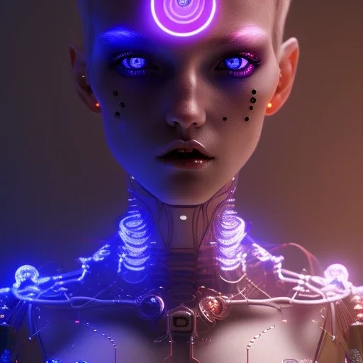 Demon girl, lumen lighting, led lights, <hanging wires> many wires connected to the head<perfect pupil> <cyborg> <garage> <sci-fi futuristic>