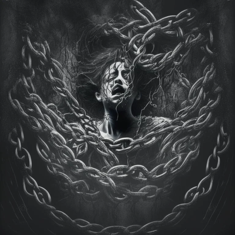 Generate an image that depicts a person trapped in the clutches of addiction, with visual elements symbolizing the allure and dangers of substance abuse, such as dark shadows, chains, or swirling vortexes.