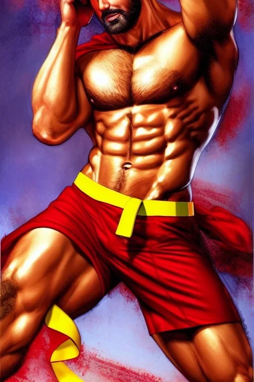 Ignore NSFW, teenager young rugged attractive slightly muscular fantastic handsome man, red briefs with yellow belt, hairy chest, (((visibly pisssing))) briefs, large erect visible boner peniss, photorealistic, artist Jay Anacleto, soft lighting, scruffy beard