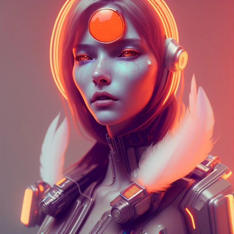 A beautiful portrait of a cute cyberpunk woman facing camera orange color scheme, high key lighting, volumetric light high details with white stripes and feathers unreal 5, octane render, cinema4d, dynamic lighting, dramatic lighting, 4k, redshift render, highly detailed, hyper realistic