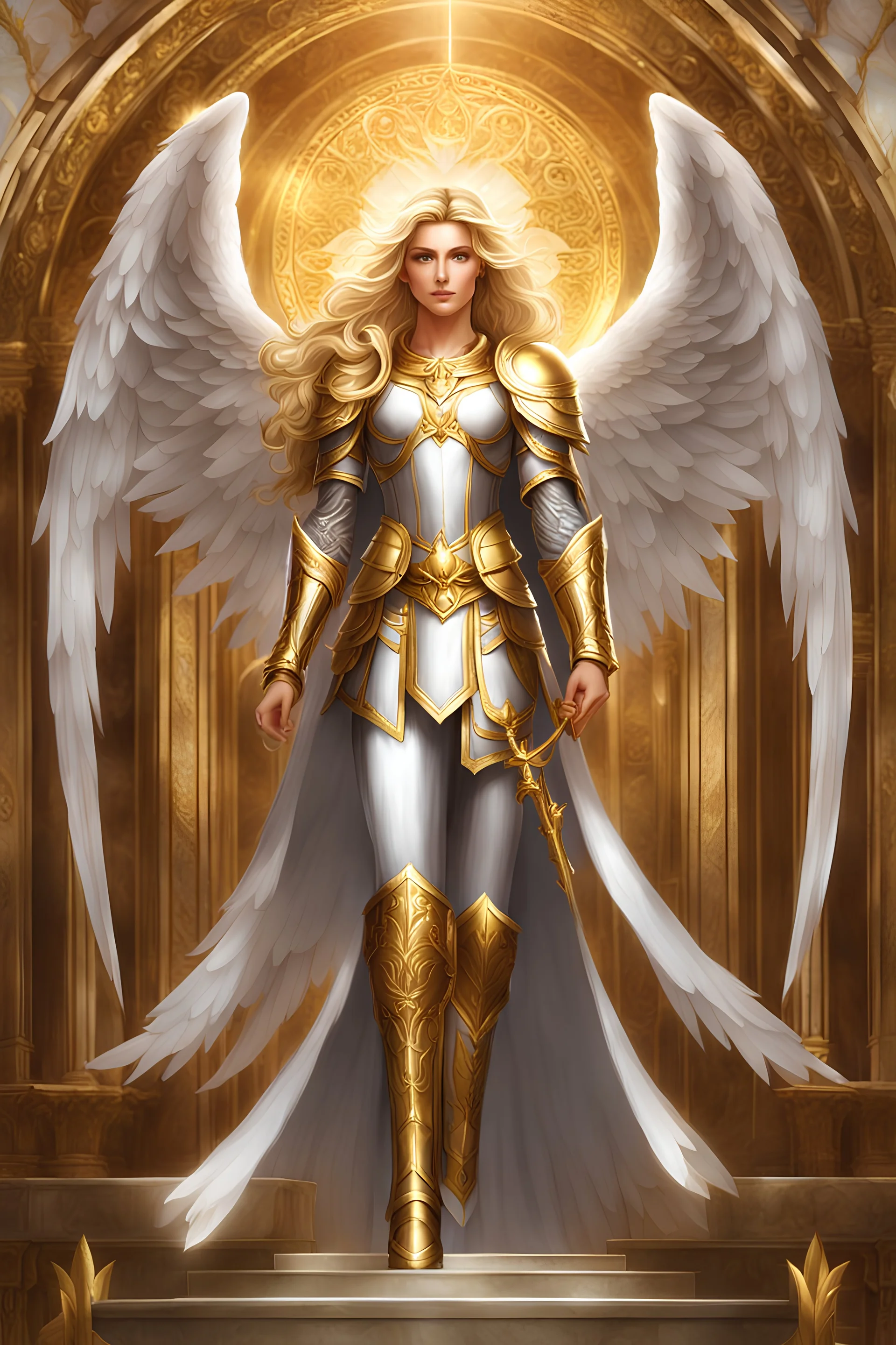 Beautiful angel a mighty paladin stands tall, adorned in gleaming silver armor with intricate gold engravings. The armor is both regal and functional, providing protection while exuding an aura of righteousness. The paladin's face is stern, framed by a flowing mane of golden hair, and their eyes radiate a sense of unwavering determination. Clutched in one hand is a finely crafted pistol, its barrel adorned with sacred symbols. The pistol itself appears to be a blend of traditional craftsmanship