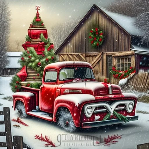 old vintage red Ford pickup truck with decorated Xmas tree in bed of the truck.. In the background is a weathered barn. Snow is falling. Mood is festive. "Take a little Xmas with where ever you go" is written on bottom.