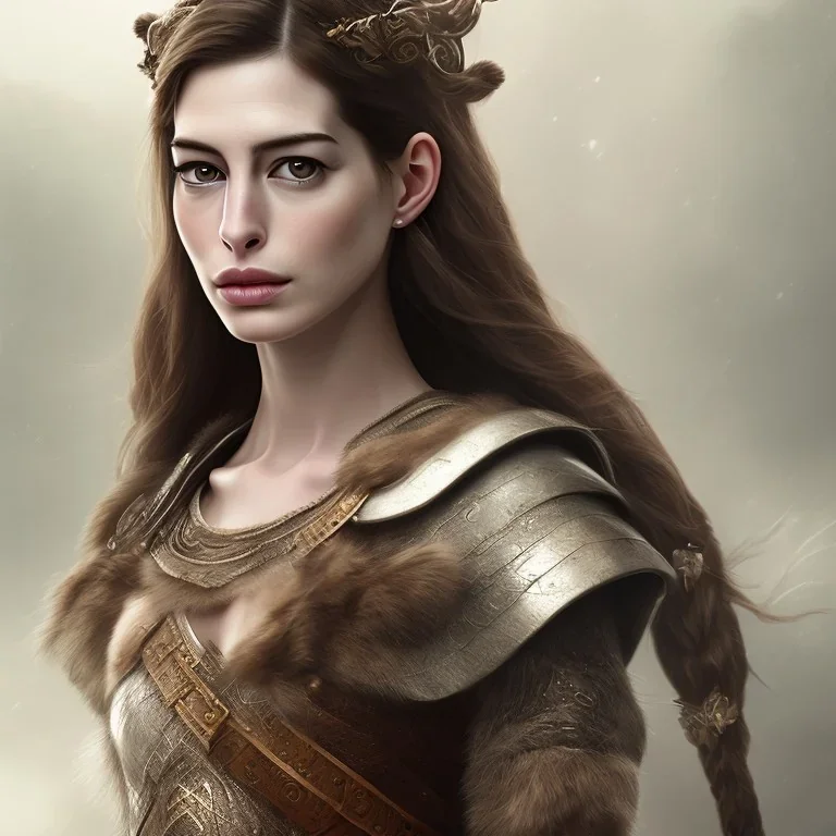 Anne Hathaway, rosto muito detalhado, vestindo roupa viking, efeito de névoa, efeito de particulas