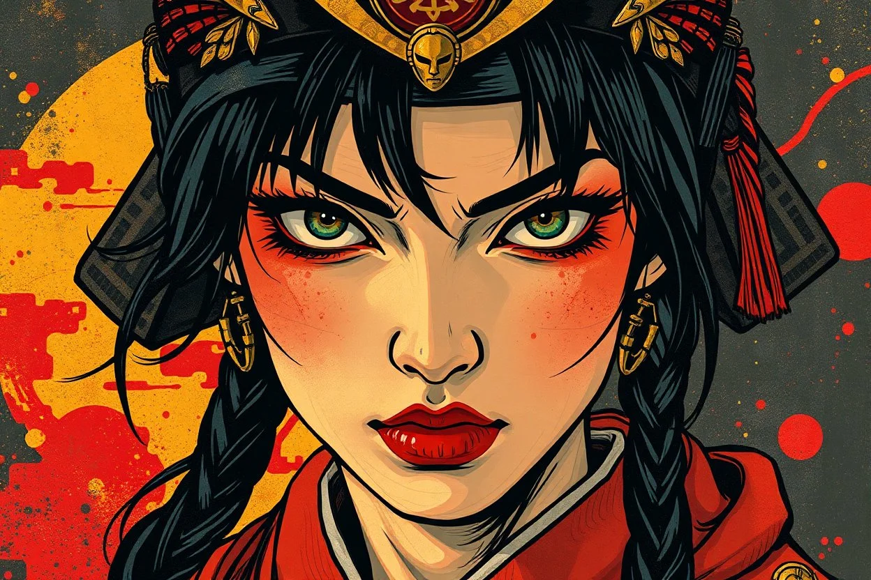 Portrait of a samurai girl with an obsessive, vengeful spirit in the style of Van Gogh, Gustav Klimt, and Kay Nielsen with a bold dramatic color scheme inked by Frank MIller
