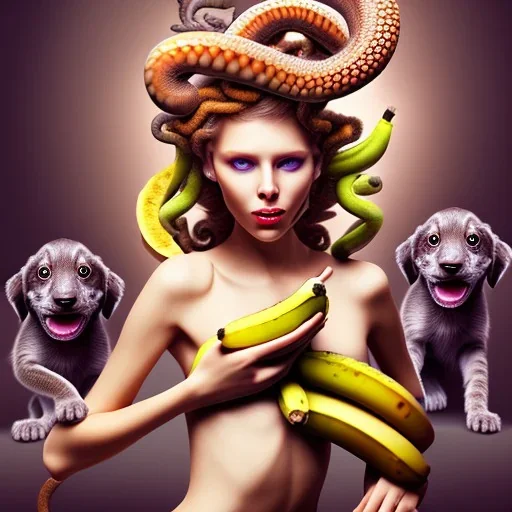 Medusa combing her snakey hair with a Banana. In the background are 4 puppies playing with some kittens