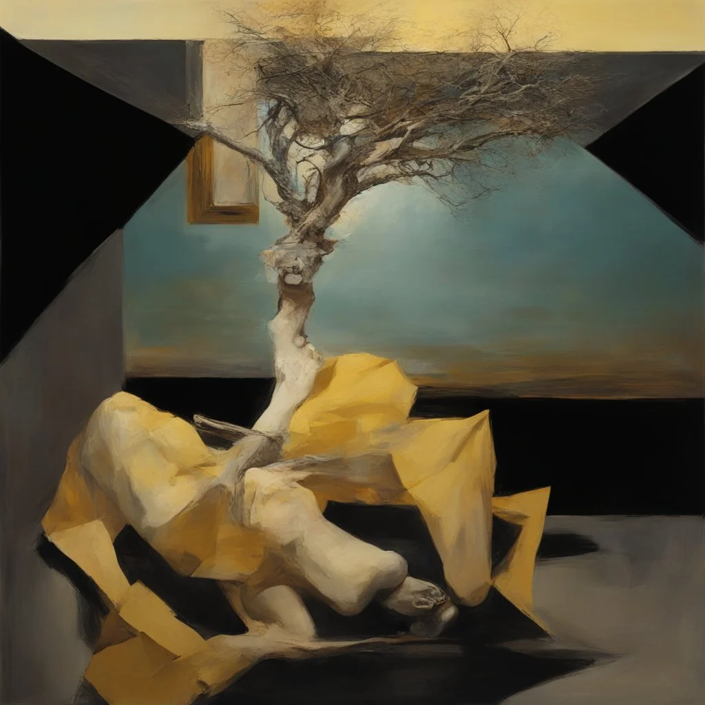 human body, universe-like light,complex surgical instruments mixed with human body-like tree,minimalism,Painting By Adrian Ghenie, Rene Magritte, Salvador Dali, Lucian Freud