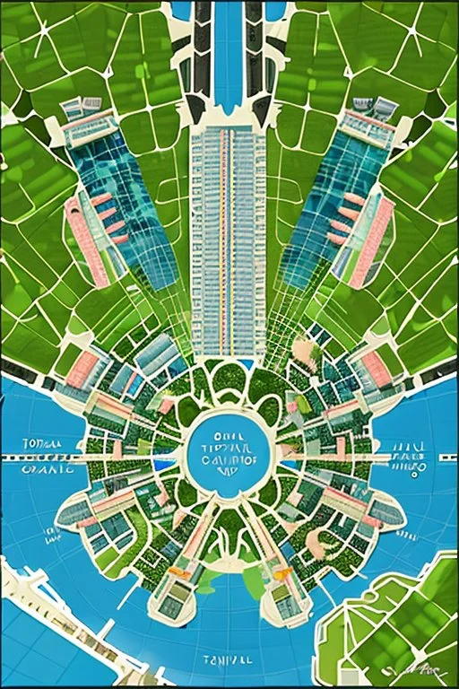 high detail map of an entire tropical dystopian small capital city