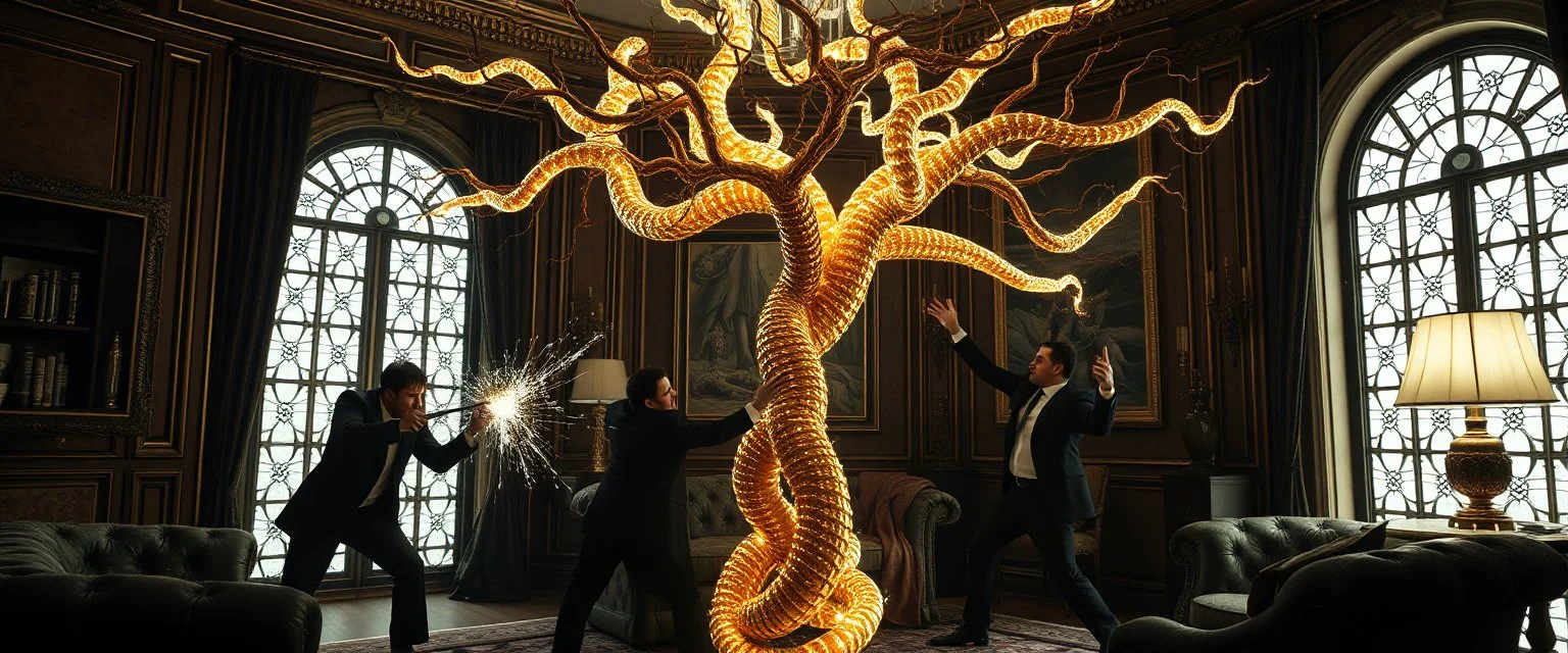 Some well dressed cult figures fighting to contain energy from floating chtonian glowing snakelike tree made by twisted snakelike sticks creating weird geometric form in dramatic scene in luxury parlour in the style of Giger and Escher