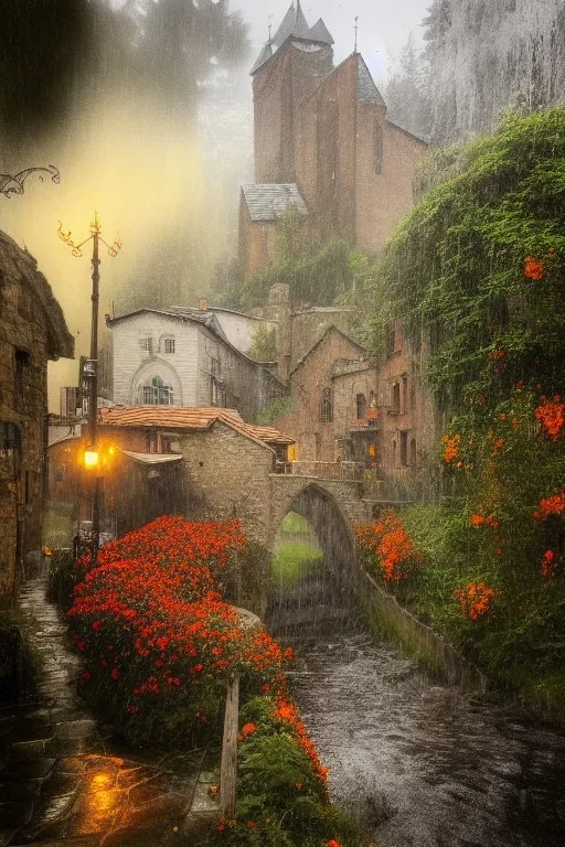 medieval village, ornate, beautiful, atmosphere, vibe, mist, smoke, chimney, rain, well, wet, pristine, puddles, red and yellow flowers, waterfall, melting, dripping, snow, creek, lush, ice, bridge, cart, orange, green, stained glass, forest, flowers, concept art illustration, volumetric lighting, volumetric clouds, color page, oil painting, trending on artstation