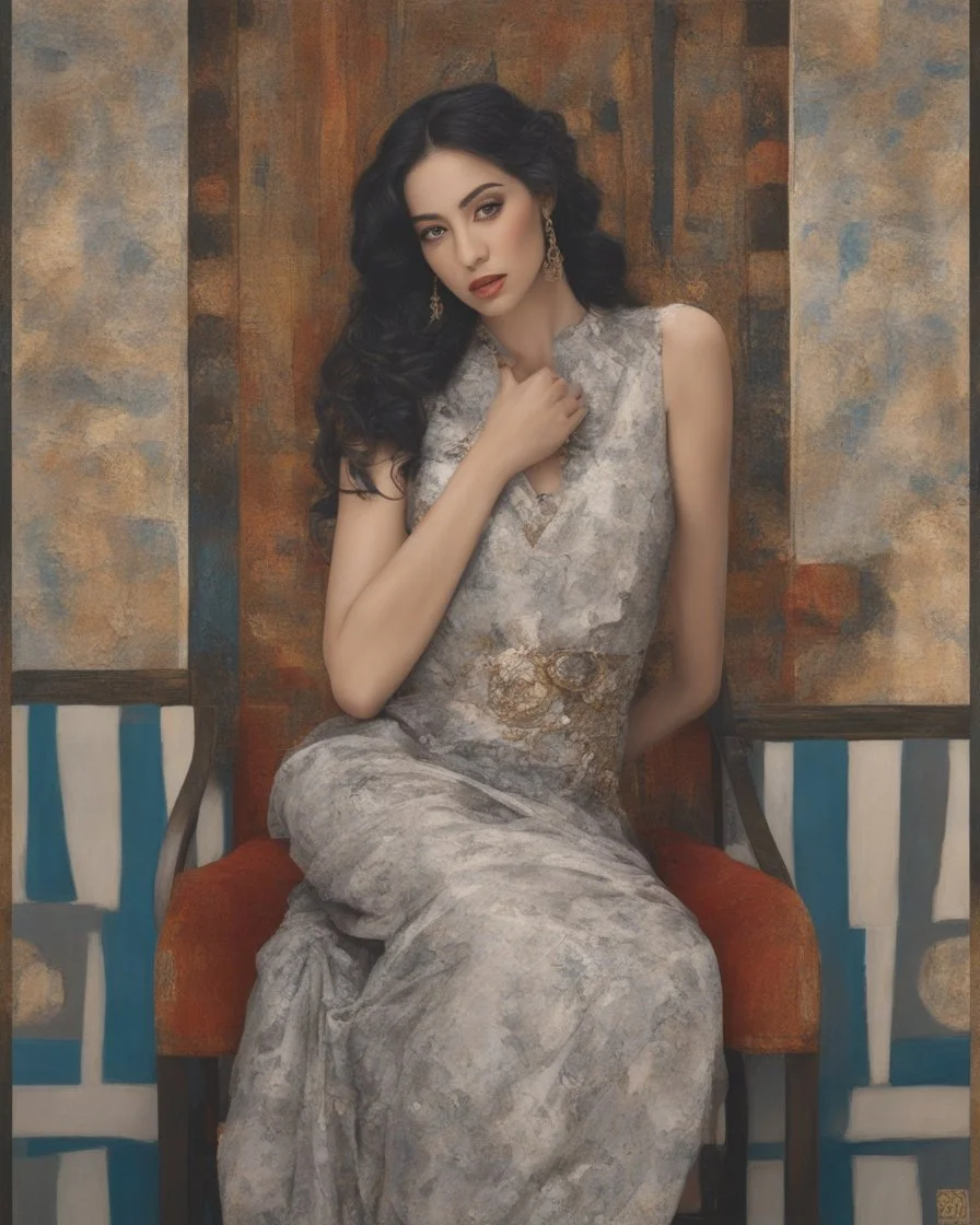 Masterpiece, fine art, award winning, eye candy in the style of gustav klimt , (Suhaila Ben Lachhab::Heidi Moussa:1.5) in breathtaking piece that emphasizes the stunning cheek bones, texturized black hair, (cottagecore aesthetic with extreme sensuality, Irresistible with (porcelain skin, (sitting on an old chair:18),high detail,perfect blending, the chair is used to create a golden center ratio of the centered image, Conceptual art, art nouveau style, symbolism in the kiss of vienna, modern art