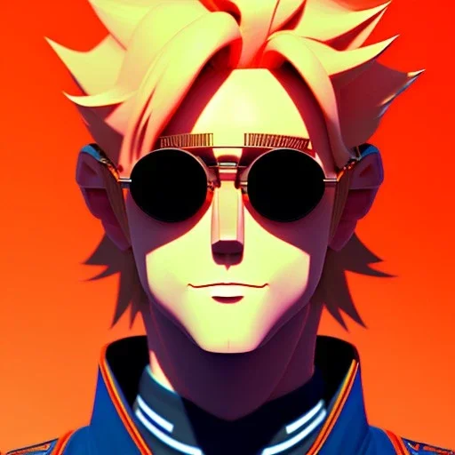 a man with blonde hair wearing sunglasses and an orange jacket, a character portrait by Miyazaki, featured on pixiv, rayonism, toonami, official art, anime