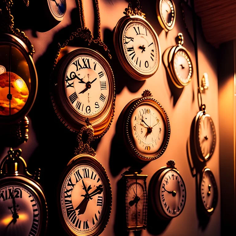 A collection of high-quality watches in various sizes hanging on a wall in the watch museum, 8K Ultra HD, a beautiful double exposure combining a cuckoo clock with a vintage pocket watch and a sparkling sunrise, in this captivating double-double artwork, a vintage pocket watch combines with a glowing sunrise, creating a symphony of Temporary beauty, the warm hues of the sunrise blend seamlessly with the intricate details of the ancient clock, creating a harmonious dance between nature and art, t