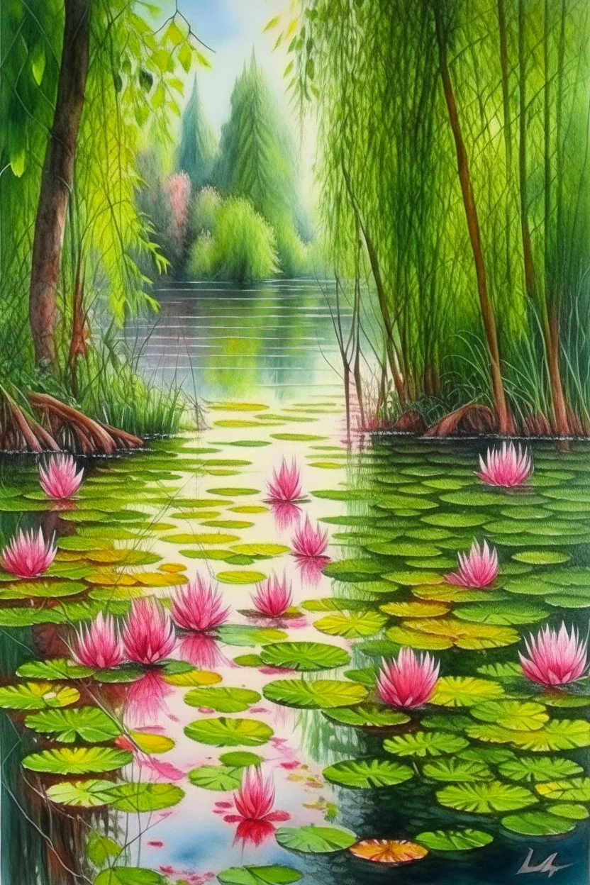 Vintage watercolor on a wet old canvas overgrown lake with weeping willows in the forest, pink water lilies float on the lake, fir trees, flowers, bells, herbs, bushes, vintage, realistic, summer, many details, colored pencil drawing, botanical, realistic, filigree, dark botanical, lumen, glare of the sun on the smooth surface of the lake, hyperrealism, the sun through the foliage, subtle drawing in black ink, in the style of A.Zhado