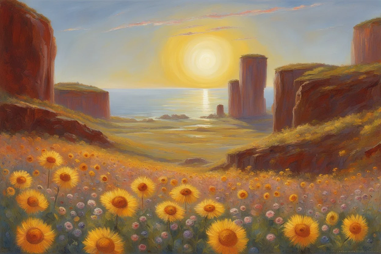 sunny day, planet in the sky, rocks, flowers, cliffs, sci-fi, friedrich eckenfelder and henry luyten impressionism paintings