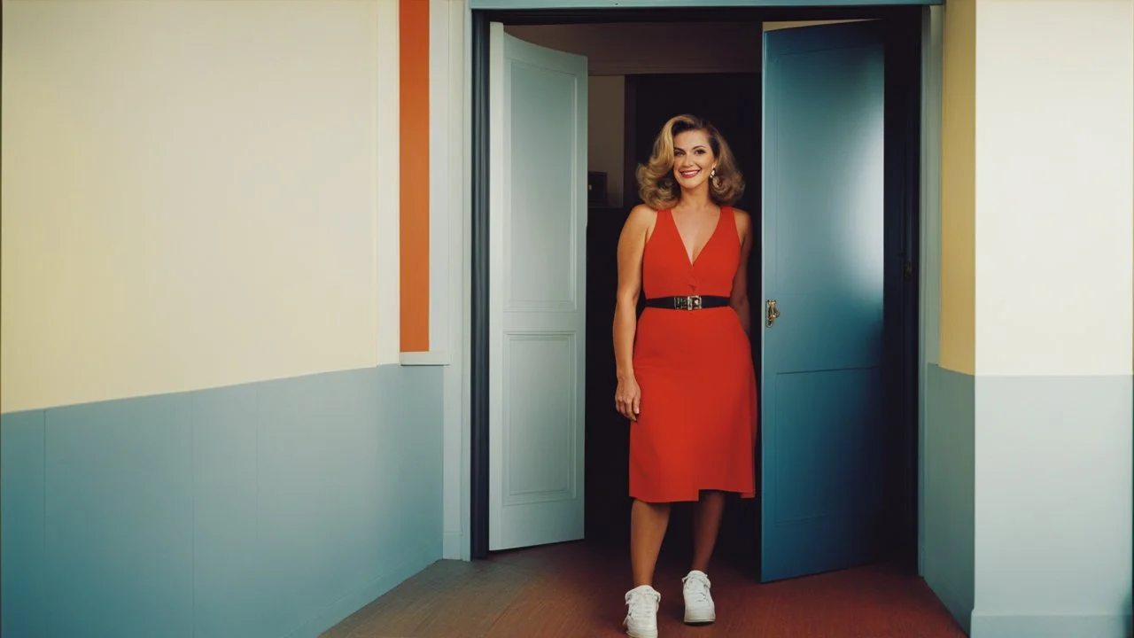 [color photo by Russ Meyer, in the 90ties] facing a lonely smiling woman on the door step of an appartement, in gym, talking. we see the corridor behind her