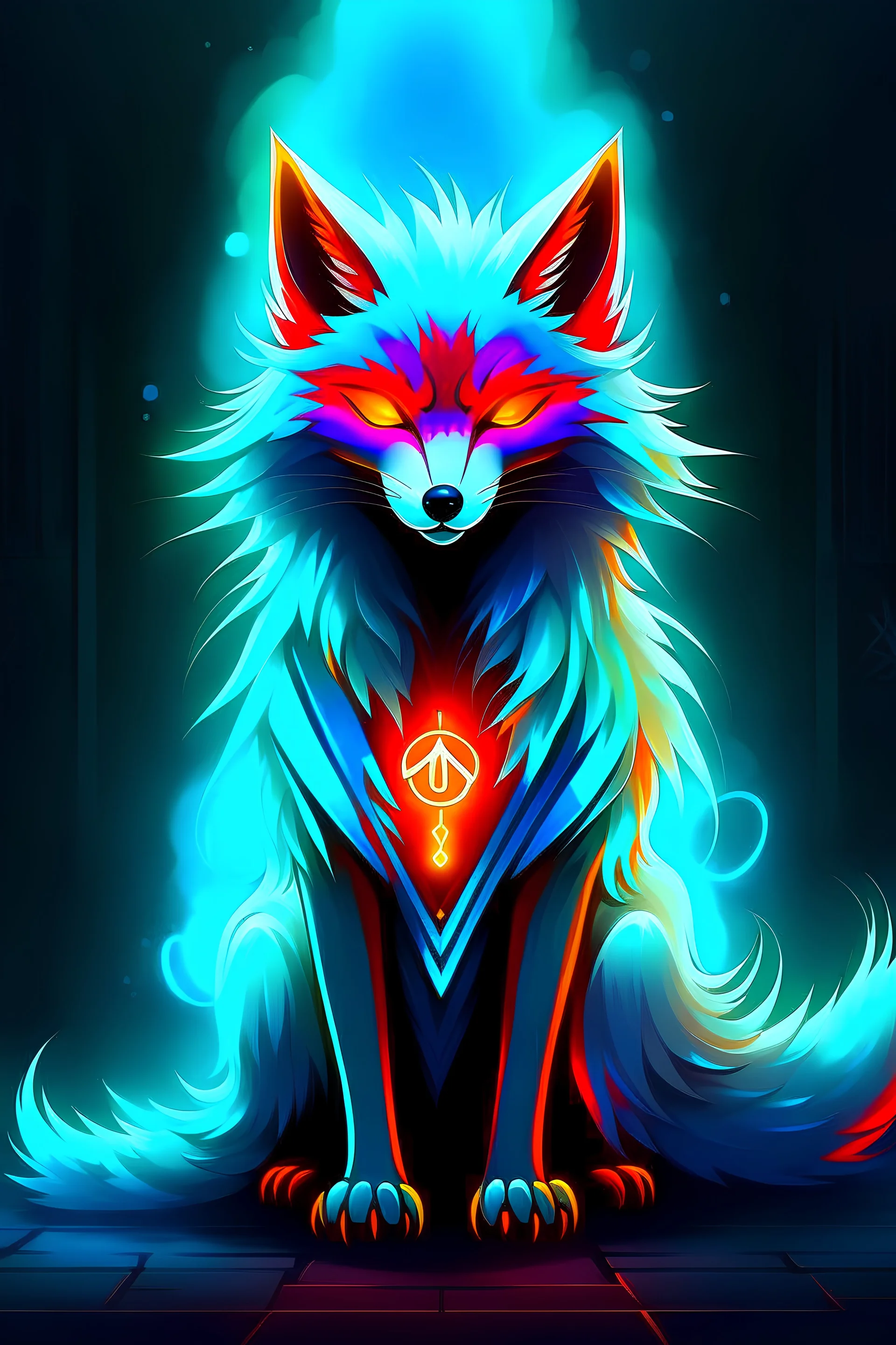 Super cool ghostly spiritual kitsune with menacing glowing eyes In a dark room. It sits alone staring straightly and deeply at us, it has a painted-anime style.