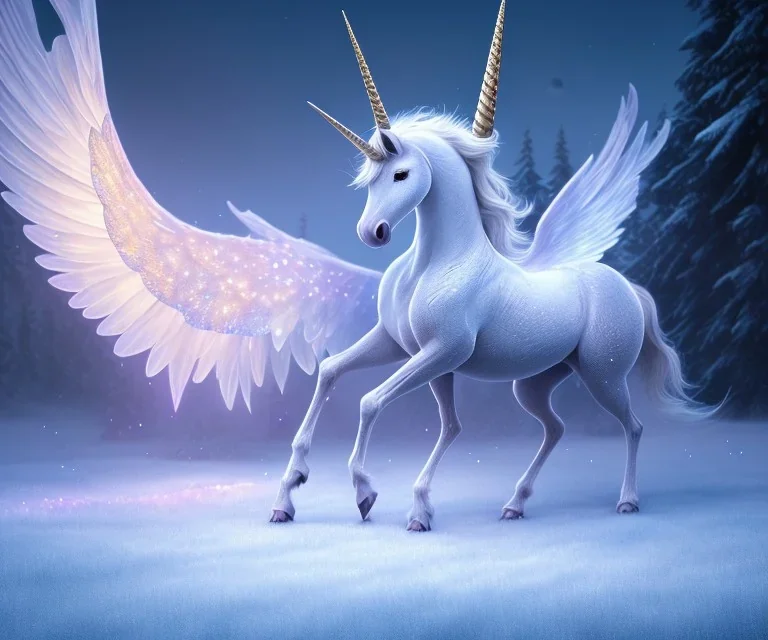 surreal illustration of a unicorn on princes frozen ground, realistic, surrealism, surreal unicorn with glowing wings, glowing soft and smooth wings, shadow, abstract surreal fantasy art, highly detailed, intricate patterns on wings, soft studio lighting, smooth dark blue background 64k