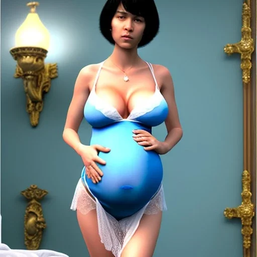 realistic photo of a 23-year-old beautiful tomboy, short men's hairstyle, short black hair, boyish face, beautiful women's cleavage, wide hips, big ass, pregnant in a satin lace dressing gown in a maternity ward