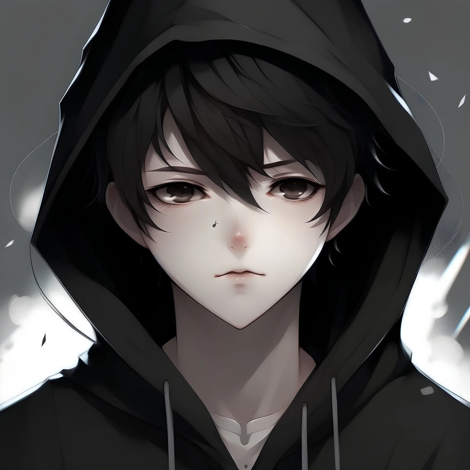 Realistic animated boy with white skin, short and messy hair that is black with white streaks through it, wearing black cloak less kawaii