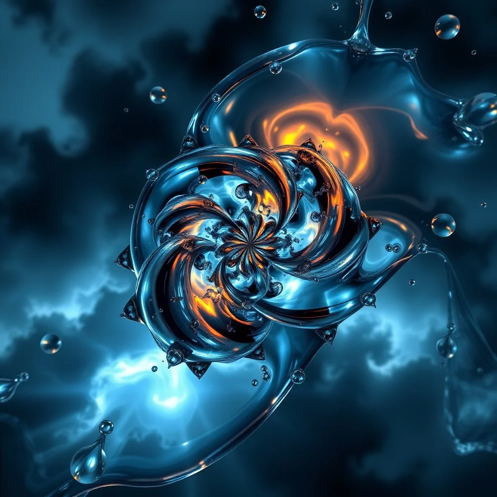 Dynamic hypnotic fractal 3D structures radial Symmetry twisting and morphing between organic and geometric forms , smooth translucent iridescent glass with inner glow and bubbles, varied transparent materials, stormy skies, intense dramatic