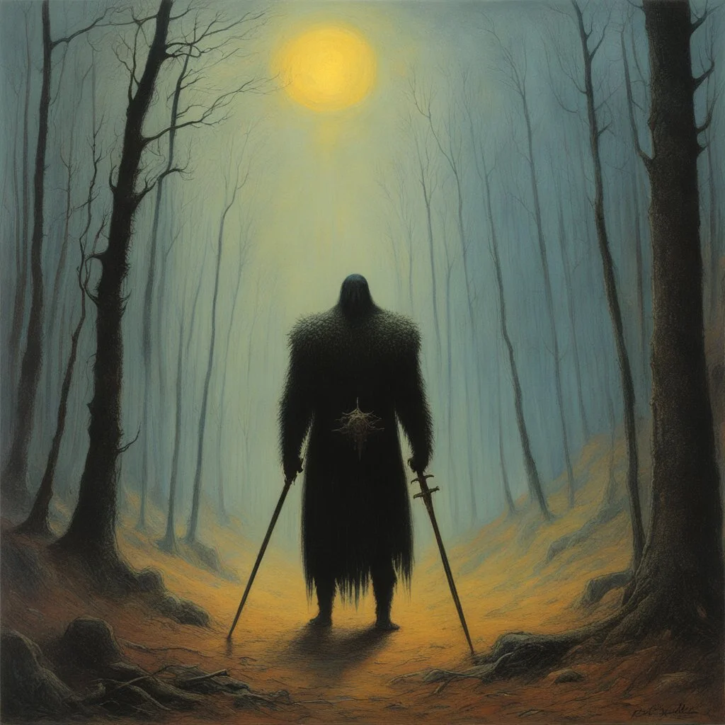 [art by Zdzisław Beksiński] THE DEATH DEALER: tribeless barbarian in a large forest that, after the end of the Ice Age, will one day become the Mediterranean sea. When the Mongol-esque Kitzaak Horde invade the forest, various parties try to recruit Gath's aid to defend against them. One of them, the beautiful sorceress Cobra, gives Gath a helmet possessed by the god of death. The helmet gives him godlike power but at the same time tries to break Gath to its will. With the help of the worldly tra