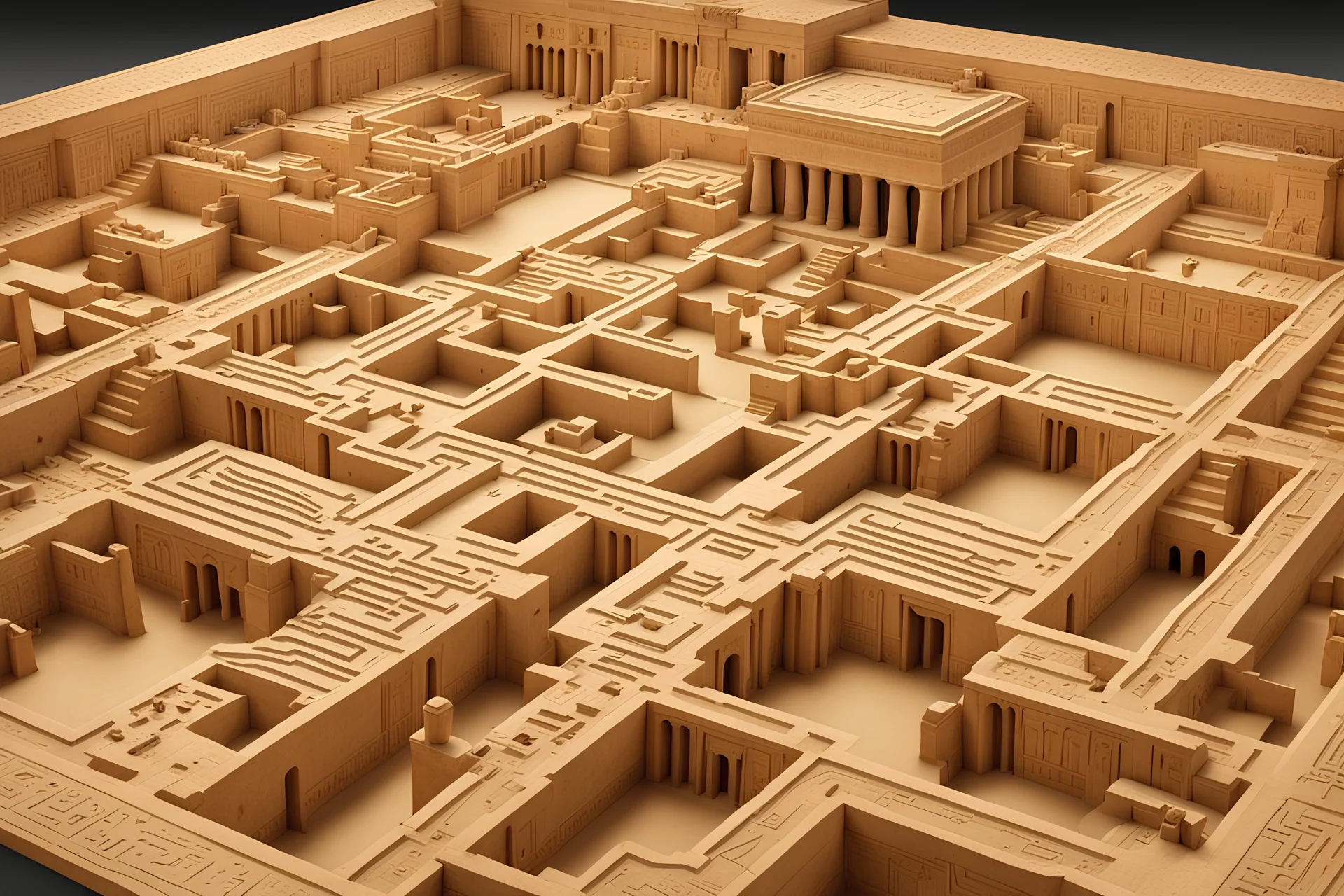Show a captivating image of the ancient Egyptian Labyrinth, depicting its massive layout with multiple courtyards, chambers, and halls. Highlight the scale and intricacy of this historical marvel