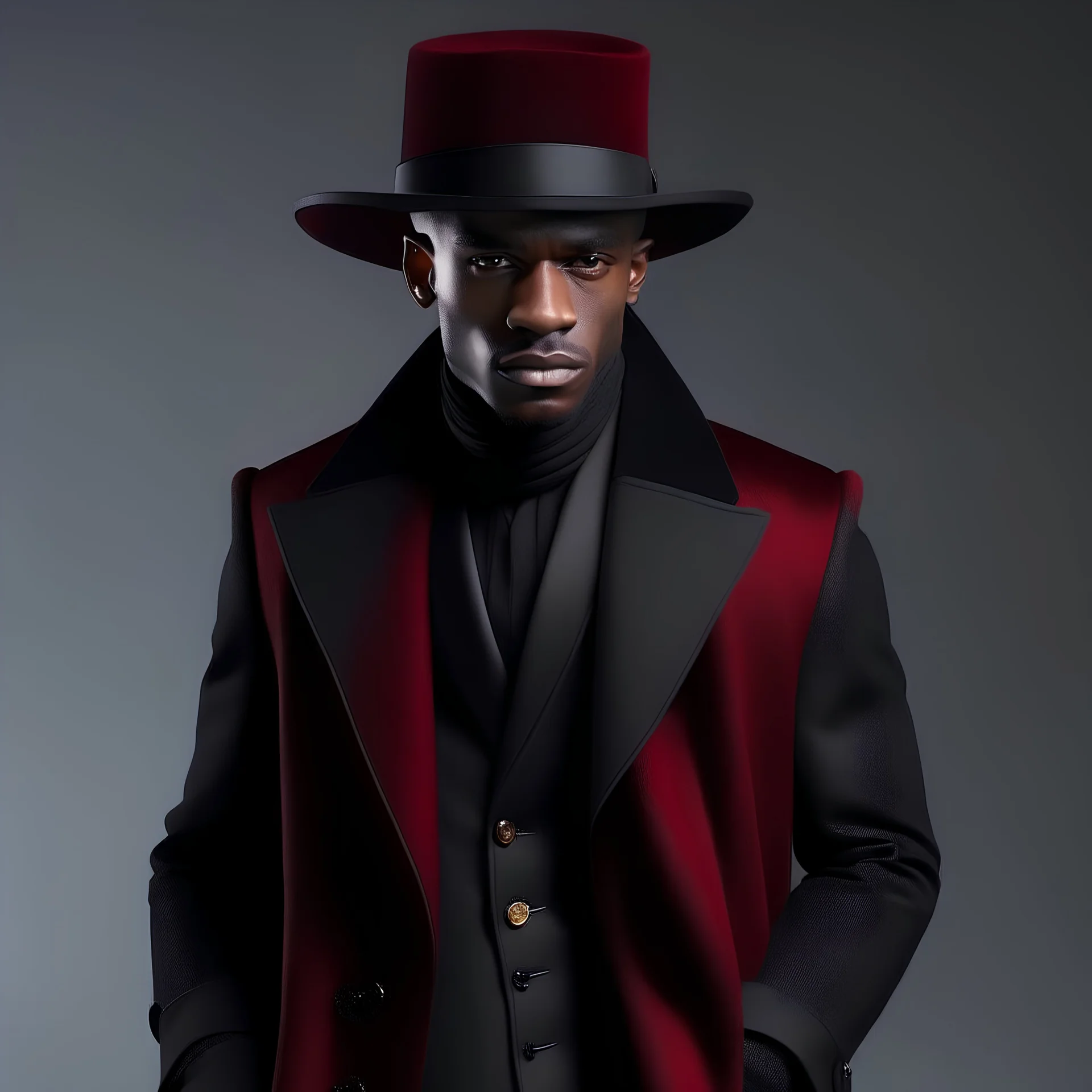 create a luxury long asymmetrical black mens wool coat with oversized shoulders and a black long sleeve shirt with a collar under it and silver metallic details worn by a black male model with a wine red, black nepalisian hat