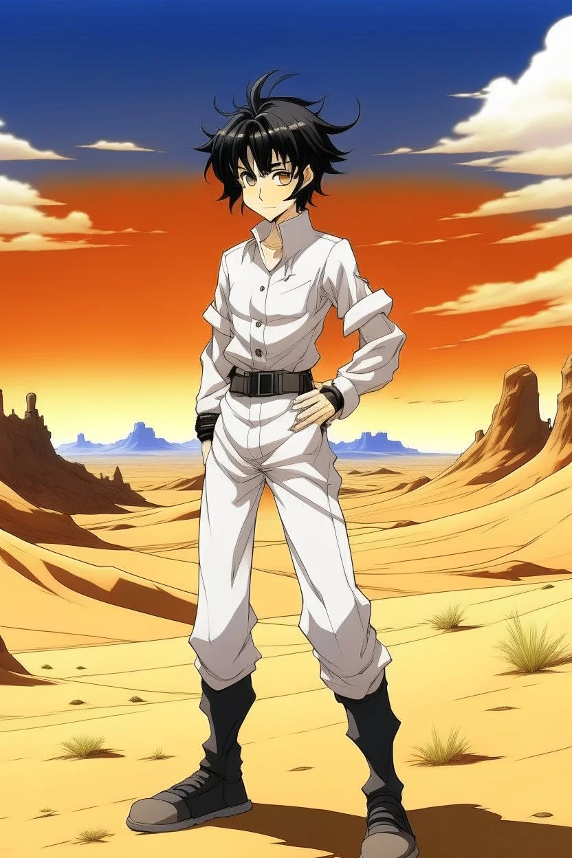 Meryl Stryfe Trigun young girl short black hair anime white clothes standing in the desert