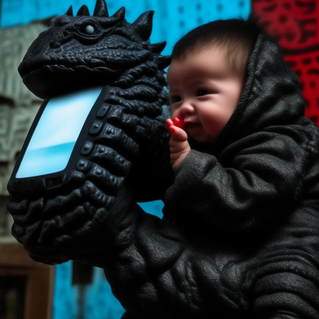 Godzilla as baby calling with a nokia