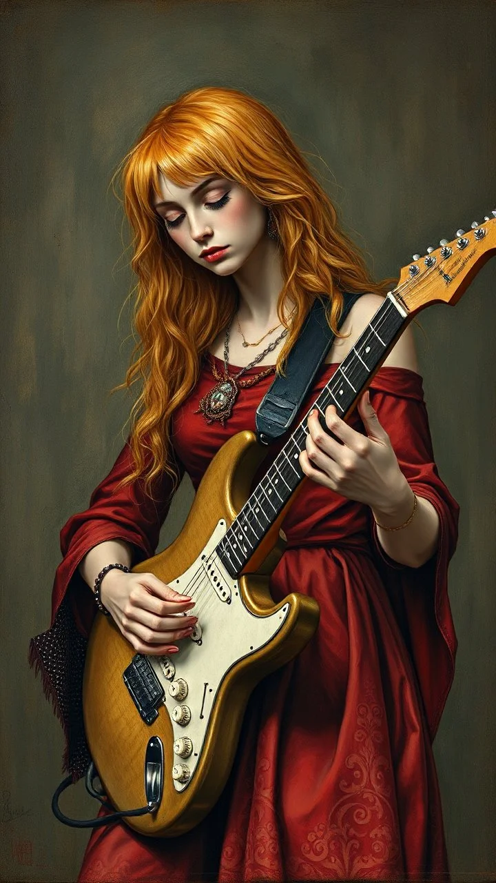 Hieronymus Bosch style , a blond women with red hair playing the electric guitar