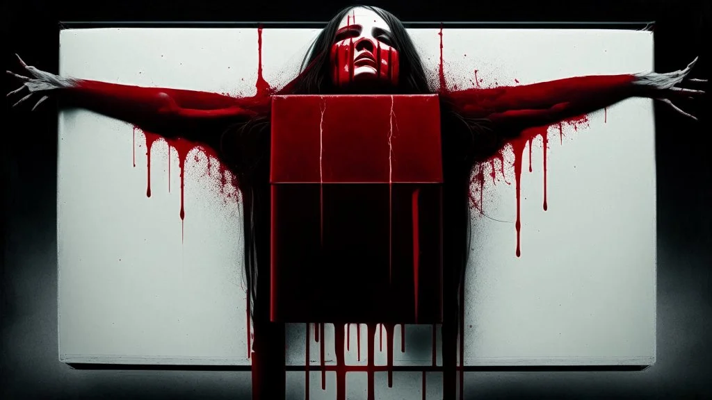 a faceless woman covered in blood holding up a black rectangular box