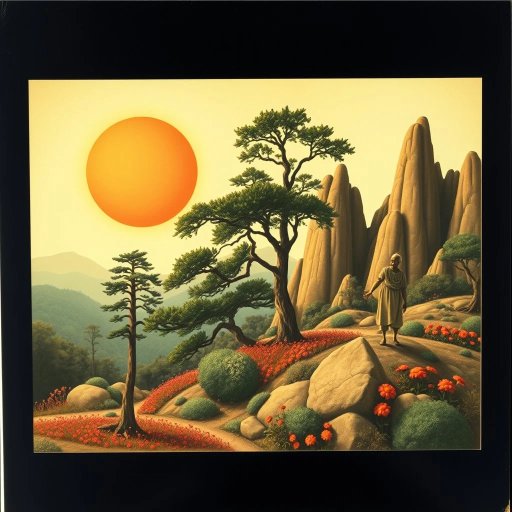 Polaroid photo of a peaceful marvelous landscape, trees, flowers, giant sun, bas-relief, decal, very spooky figure, intricate, rock formations, atmosphere of a Max Ernst painting, Henri Rousseau, thoughtful, interesting, a bit appalling, smooth