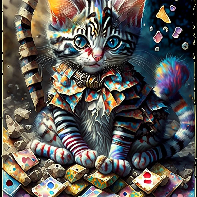 Cute little Harlequin cat patchwork art by cameron gray epic poster, Hyper realistic cat clown. sits on a pile of fish bones watercolor painting, Jean-Baptiste Monge style, bright, beautiful in spring, splash, big perfect eyes, rim lighting, lights, magic, fantasy, digital art, wlop, artgerm and james jean Modifiers: 8k cinematic lighting photorealistic 4K 3D crisp quality hdr Ultra realistic Gian Lorenzo Bernini Geometric and cubist