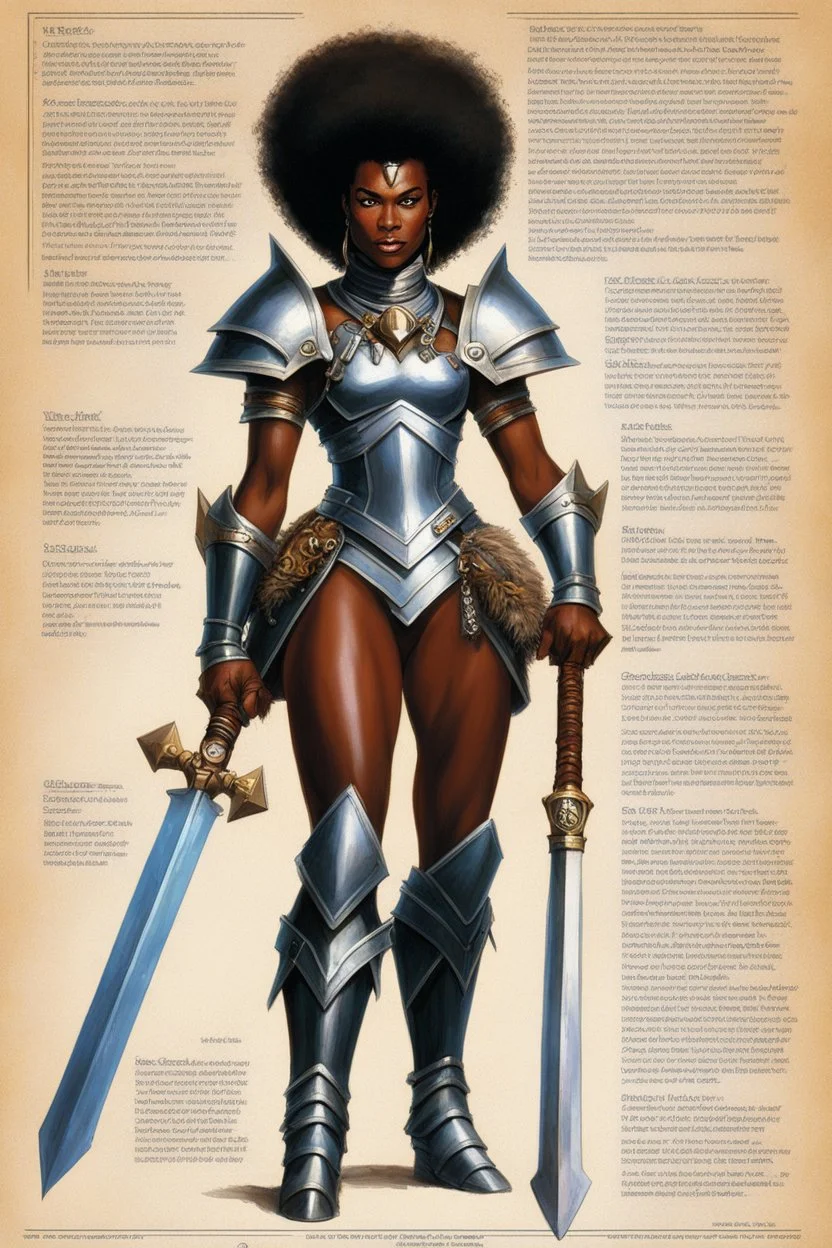 character concept sheet with AD&D statistics and characteristics, [illustration by Jeff Easley] playable class of Jamaican afro-star Grace Jones as a warrior with a large mace and a revealing nickel-plated paladin armor