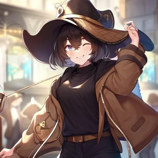 Clear focus, High resolution, short brown spiky hair, hair between eyes, eyes closed, wearing a brown detective hat, wearing a brown jacket and a black shirt, wearing black shorts, 1girl, pulling hat down, smiling, wearing a oversized hoodie