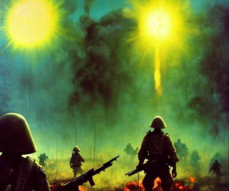 vietnam war. war. napalm. bokeh. lens flare. warm lights. high detailed. beksinski