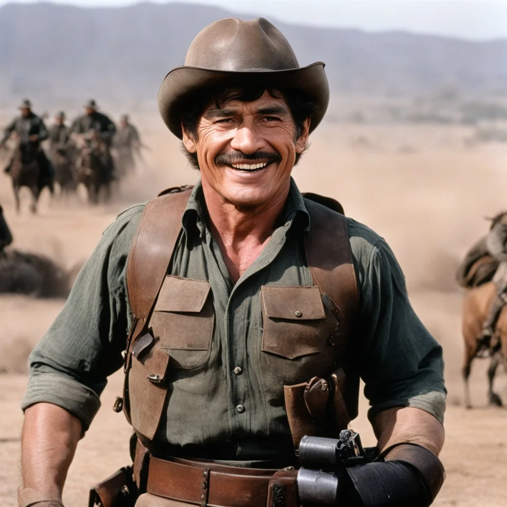 [in the heart of battle] Charles Bronson smiles, ready to fight, in dust, rust and blood, his body is covered with cartridge belts