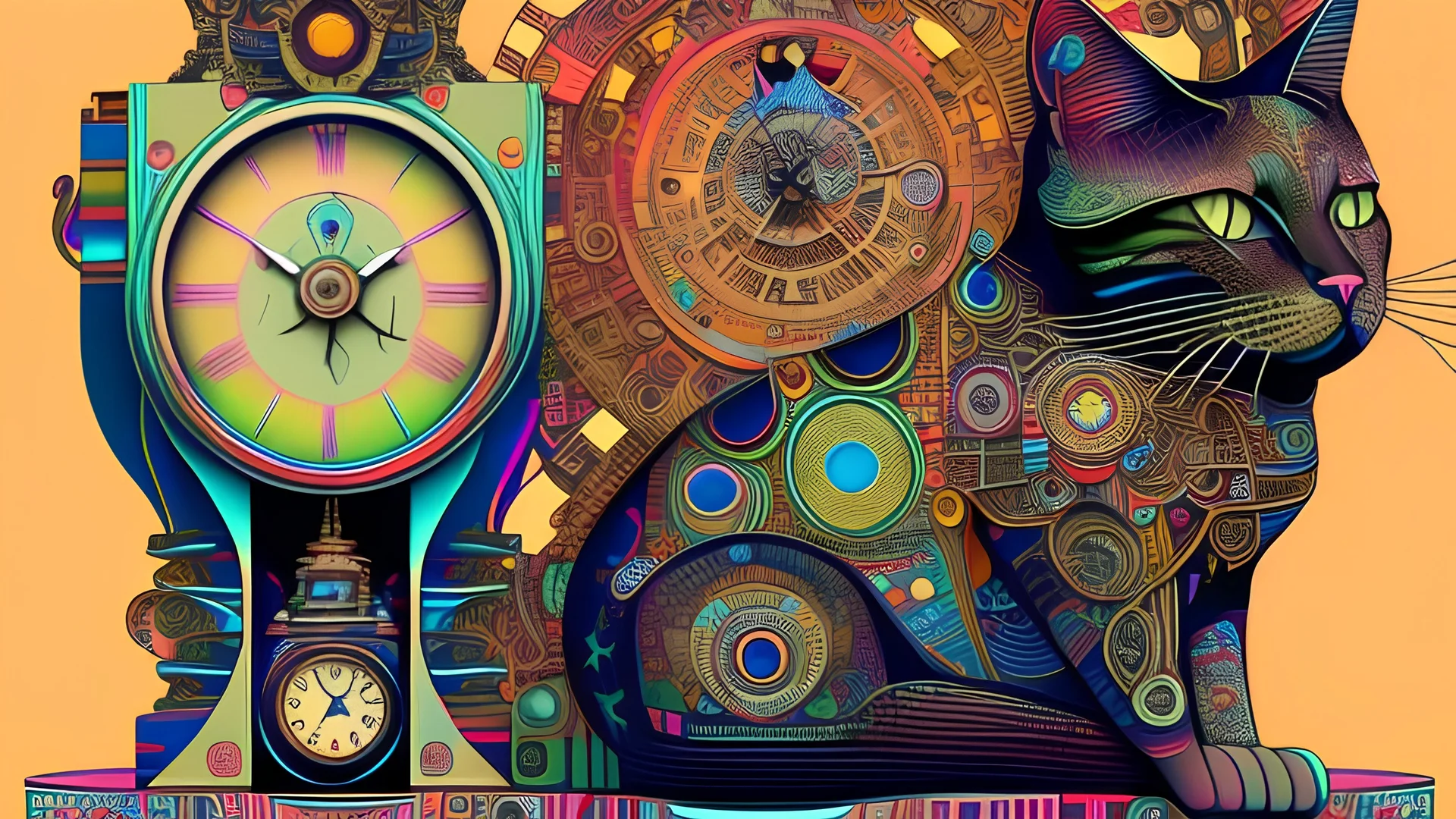 A Cat That Is Sitting On Top Of A Clock, Android Jones And Chris Dyer, Behance. Polished, Inspired By Eduardo Paolozzi, Hypereuphoria, Remix By Ballaberg