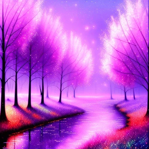 Trees growing pink and purple leaves, glitter, fog, willow, forest, beautiful, night, watercolor