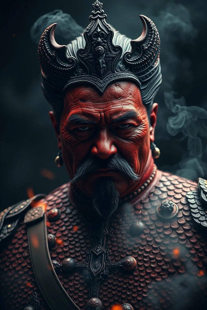 stalin the dictator , red skin, scales, unreal engine 6, high detail, intricate, cinematic. photoshoot style, intricate, studio lighting, masterpiece , highly detailed, 8k, best quality, fire, smoke, dramatic,d,<lora:mshn:0.7>,<lyco:Warrior_Couture:0.5>,