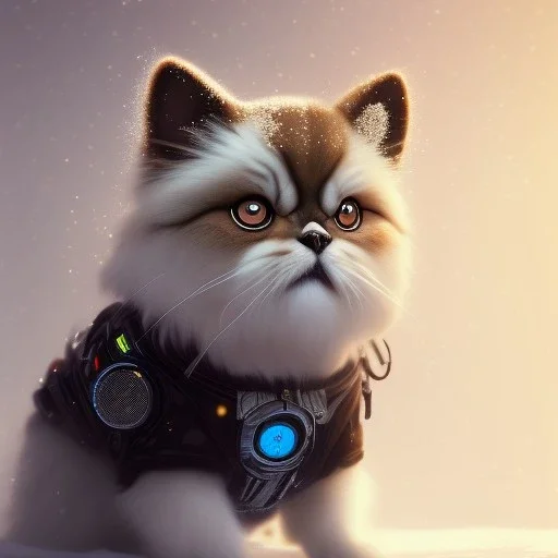 Cyberpunk Portrait of cyborg Persian cat child with brown hair and with cute face, north pole snowy vibe , perfect composition, hyperrealistic, super detailed, 8k, high quality, trending art, trending on artstation, sharp focus, studio photo, intricate details, highly detailed, by greg rutkowski